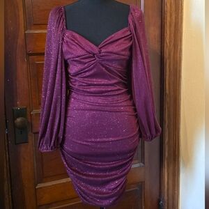 B Darlin Plum Sparkle Twist-Front Long Sleeve Dress